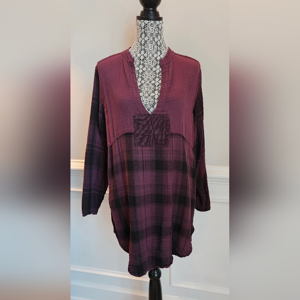 Free People CP Shades Gauze Cotton Burgundy Plaid Tunic S, Runs Large P2P 21.5"